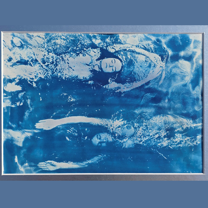 Swimming Opposite – Pool Ladies Photo Shoot – Unique Cyanotype (Presented in a Silver Conservation Mount)