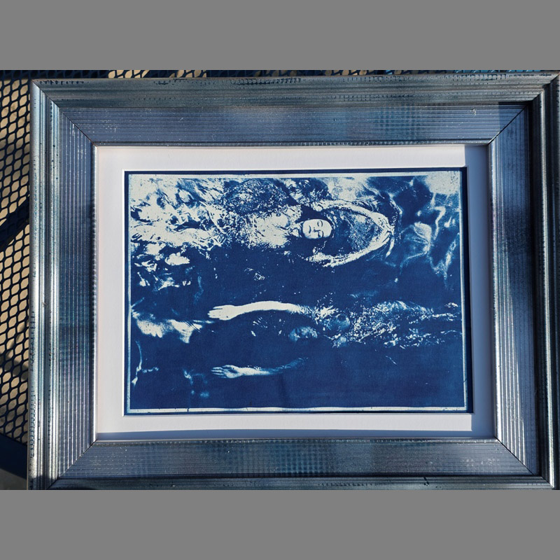 Swimming Opposite – Framed Unique Cyanotype – Pool Ladies Photo Shoot for Playboy TV (USA) by Michael Joseph - Image 4