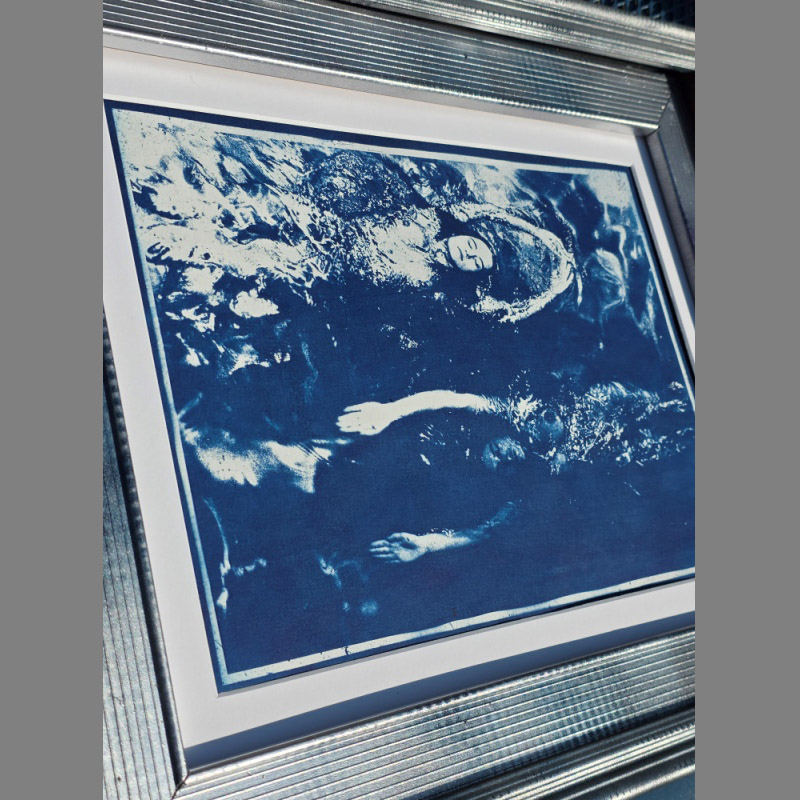 Swimming Opposite – Framed Unique Cyanotype – Pool Ladies Photo Shoot for Playboy TV (USA) by Michael Joseph - Image 7