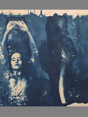 Swimming Opposite - pool ladies with brushstrokes cyanotype from photo by Michael Joseph